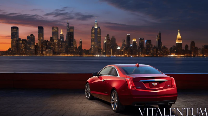 Luxurious Red Cadillac at Dusk on Rocky Shore with New York City View AI Image