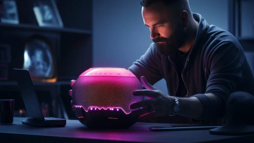 Bearded Man Holding Glowing Orb at Desk