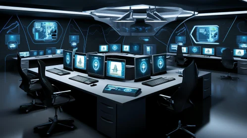 Futuristic Control Room with Computer Workstations