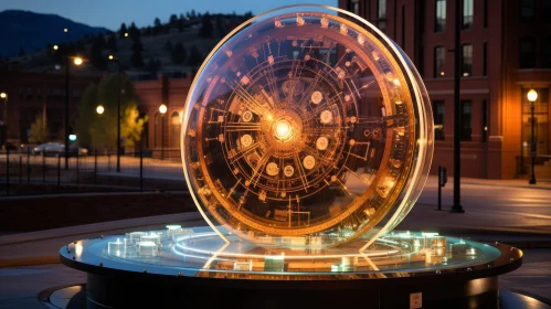 Intricate Steampunk Glass Sphere in City at Night