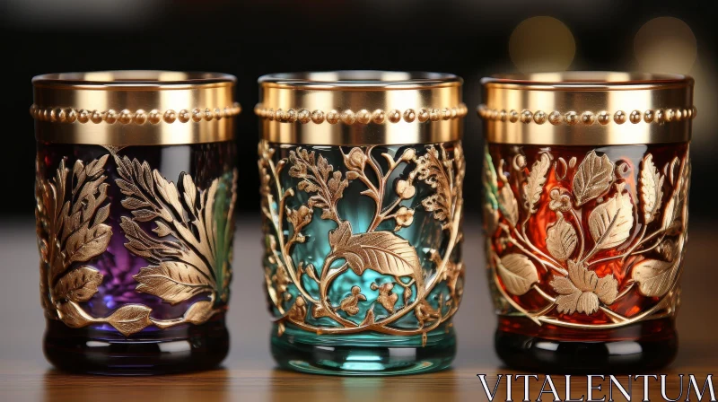 Richly Decorated Colored Glass Drinking Glasses on Wooden Surface AI Image