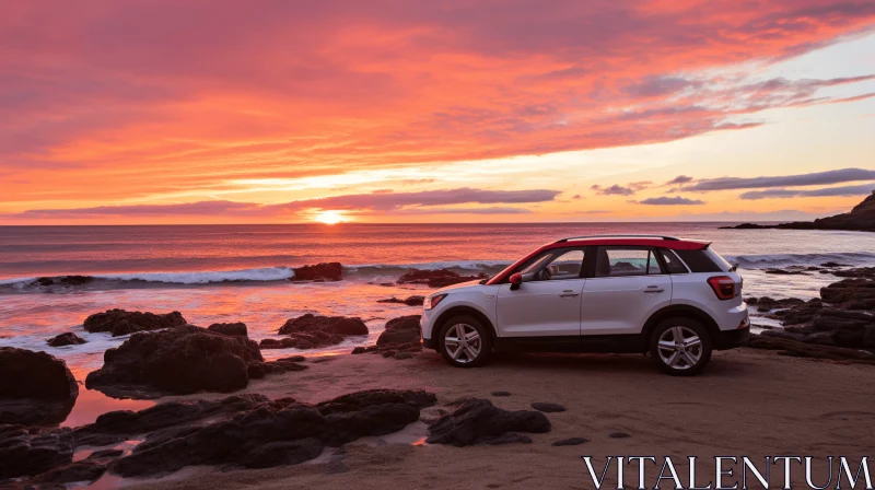 Silver SUV on Rocky Beach at Sunset | Romantic UHD Image AI Image