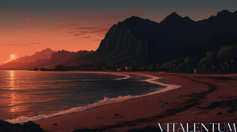 AI ART Tranquil Beach Sunset Landscape - Scenic Beauty