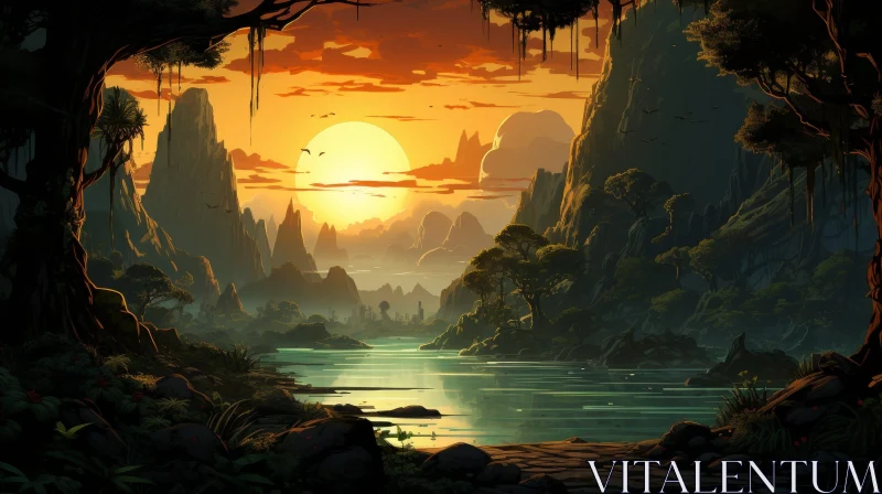 Tranquil Jungle River Sunset Scene AI Image