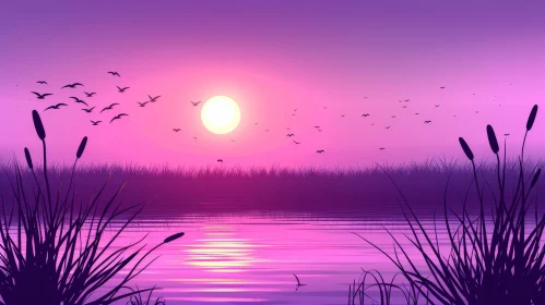 Tranquil Sunset Over Lake with Bird Silhouette