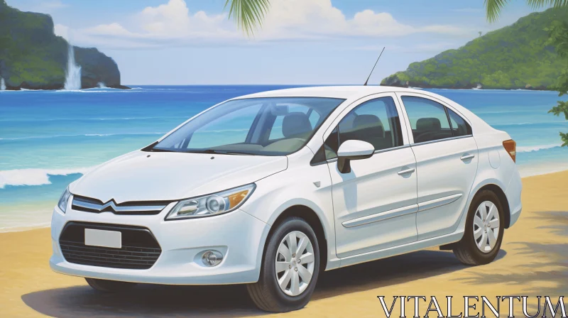 White Car Parked on Beach | Tropical Environment | Lifelike Renderings AI Image