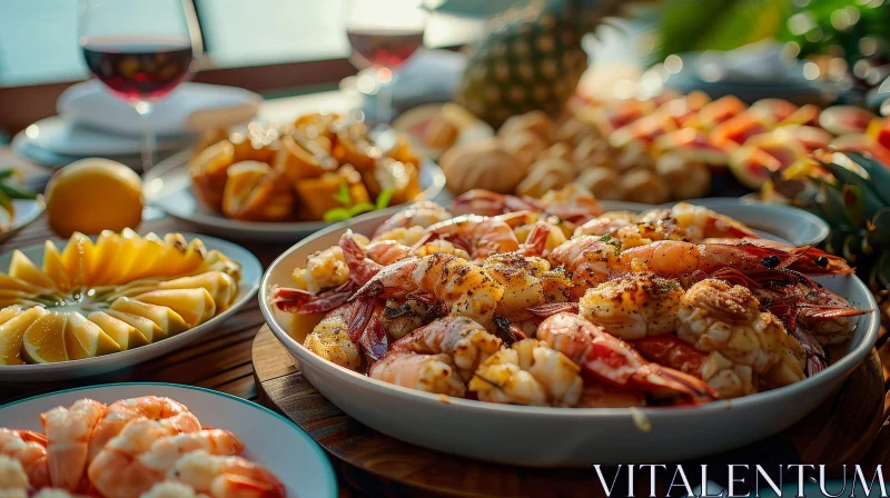AI ART Exquisite Table Spread: Shrimp, Fruit, Wine, and Tropical Vibes