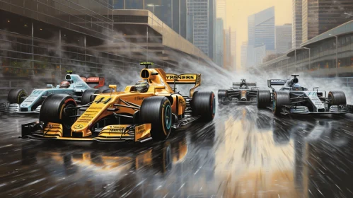 Formula 1 Race Painting: Colorful Cars on Wet Track