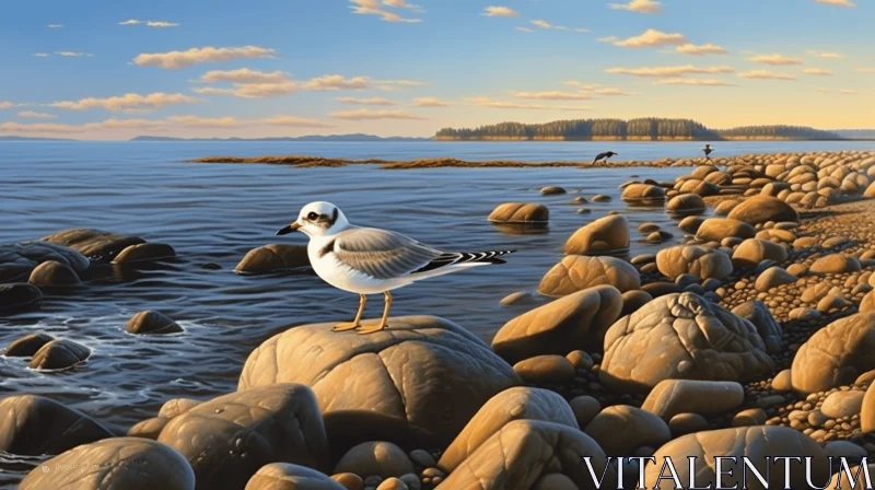 Seagull Perched on Rocky Shore Oil Painting AI Image