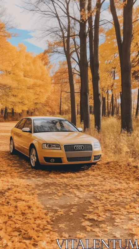 Golden Audi in Autumn Leaves: Realistic Landscape Photography AI Image