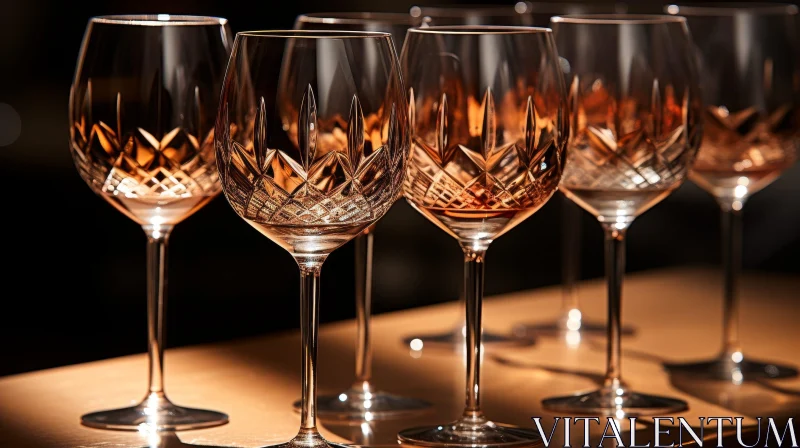 Crystal Wine Glasses Arrangement on Dark Wood Table AI Image