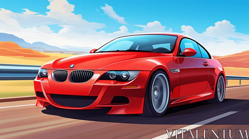 Red BMW Racing Car Speeding on the Road - Colorful Caricature Style AI Image