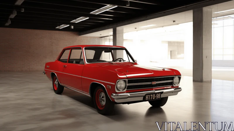 Classic Red Car in a Warehouse | Realistic Hyper-Detailed Renderings AI Image
