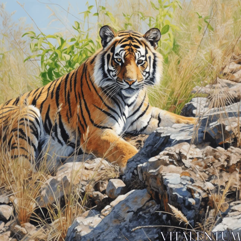 Tiger Resting on Rocky Ground: A Captivating Oil Painting AI Image