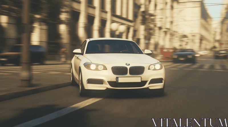 Close-Up Intensity: A White Car Driving Down a City Street AI Image
