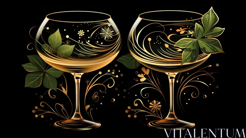 Elegant Champagne Glasses with Golden Floral Design AI Image