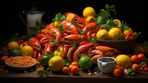 Exquisite Still Life of Cooked Lobsters and Fresh Produce