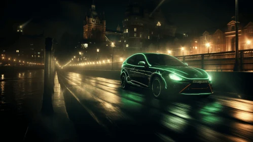 Green Car Driving on Road at Night in City - Artistic Matte Painting