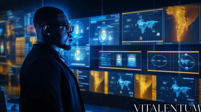 AI ART Serious African-American Man Analyzing Data on Video Wall