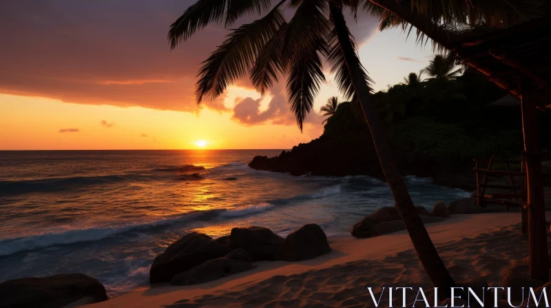 Tranquil Sunset Over Ocean with Palm Trees