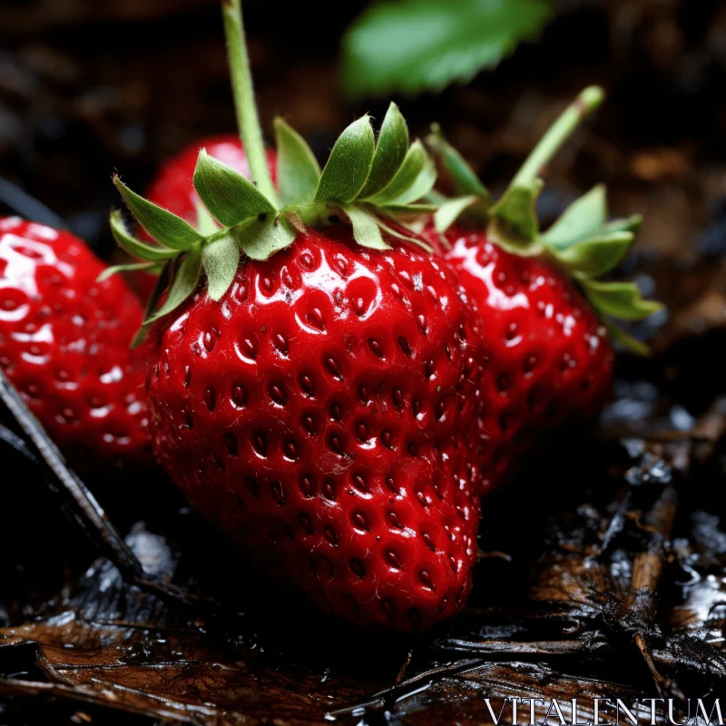 Captivating Macro Photography of Two Strawberries on a Fallen Tree AI Image