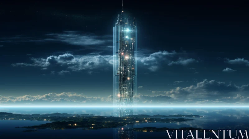 Futuristic City Night Scene with Illuminated Tower AI Image