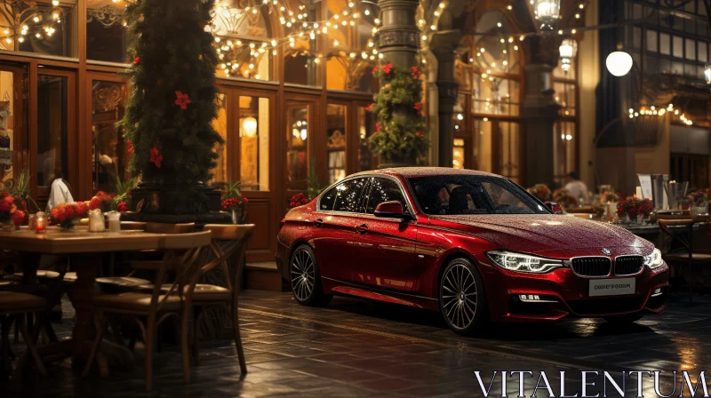 Red BMW Series 5 at Night: A Festive Baroque-Inspired Drama AI Image