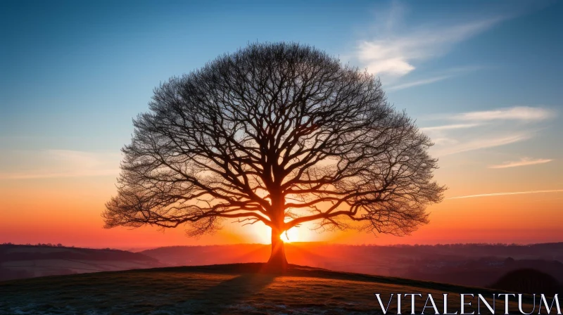 Serene Sunset: Large Bare Tree in Field AI Image