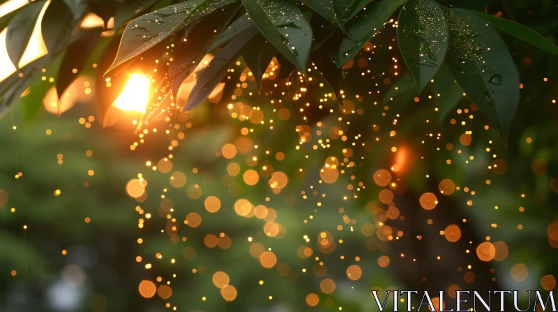 AI ART Green Leaves on Tree Branch in Sunlight with Water Droplets