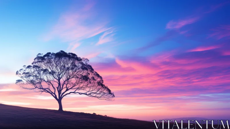 AI ART Solitary Tree at Sunset on Hill