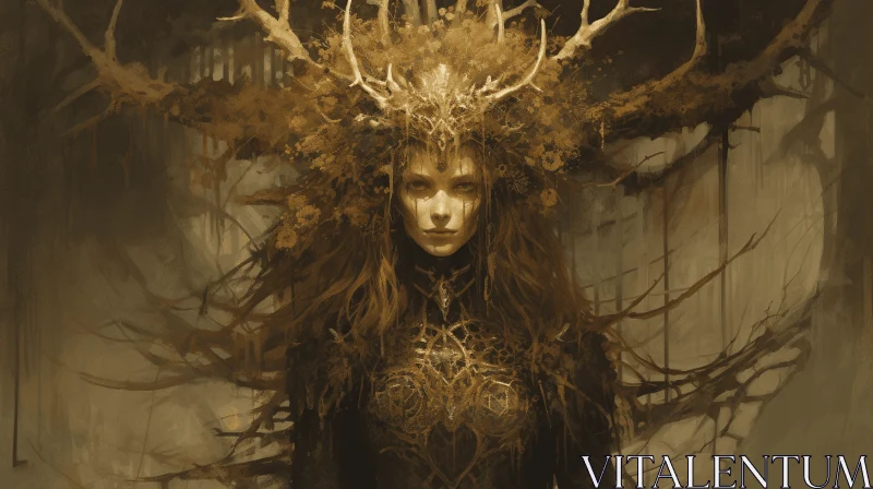 Gothic Dark Fantasy Art: Woman with Deer Antlers AI Image