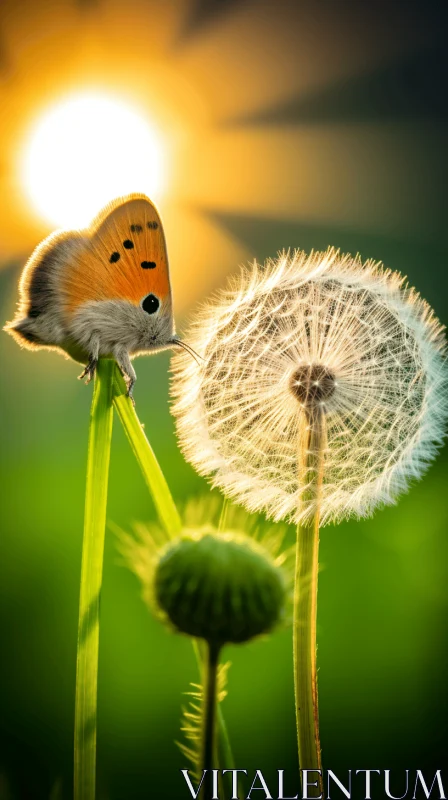 Butterfly on Dandelion: A Sunlit Nature Scene AI Image