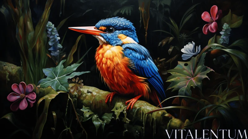 Captivating Azure and Orange Bird in Mysterious Jungle - Realistic Oil Painting AI Image