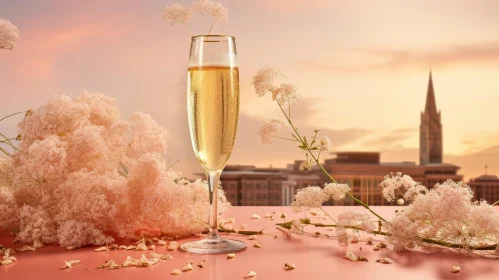 Elegant Still Life: Champagne Glass and White Flowers at Sunset