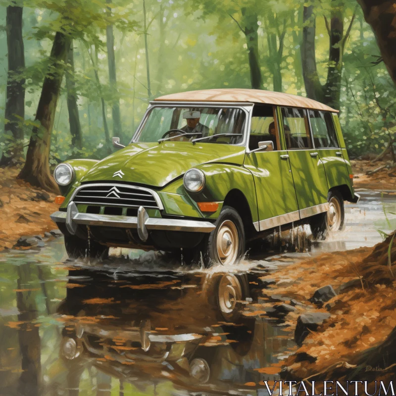 Enchanting Forest Journey: A Delicate Car in Green Tones AI Image