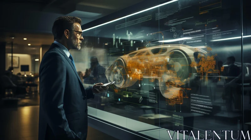 AI ART Innovative Technology: Man in Suit Examining 3D Car Model on Transparent Display