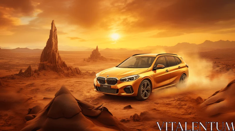 Captivating Artwork: BMW X1 in the Desert at Sunset AI Image