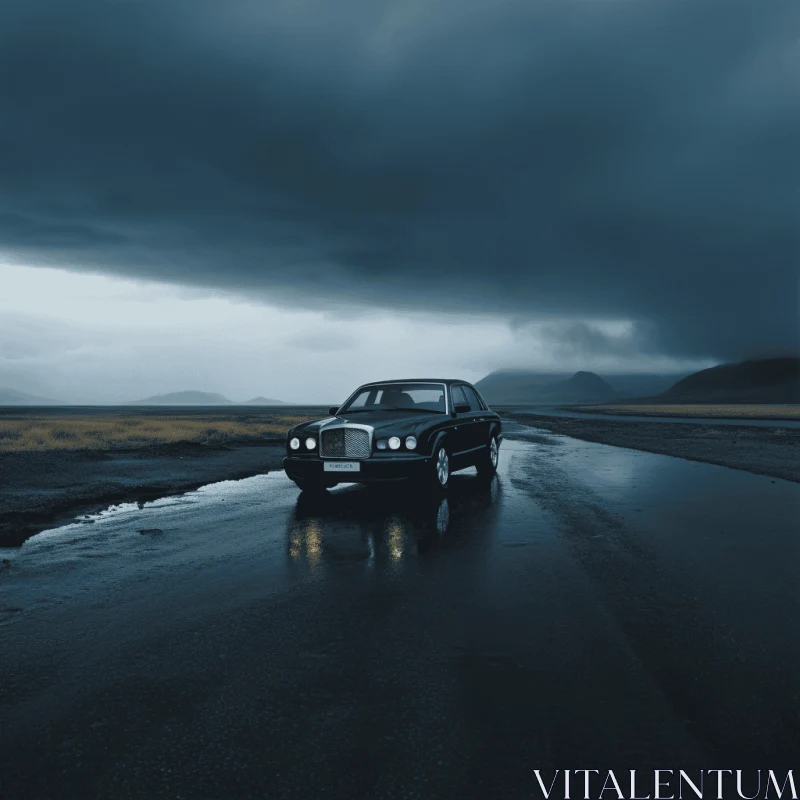 Captivating Black Vehicle on Wet Road with Cloudy Skies AI Image