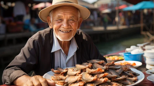 Elderly Asian Man with Straw Hat Holding Plate of Dried Fish