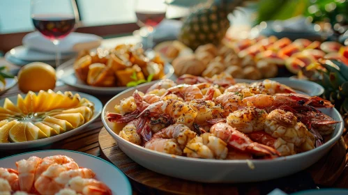 Exquisite Table Spread: Shrimp, Fruit, Wine, and Tropical Vibes