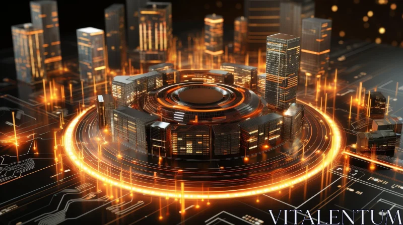 Futuristic Cityscape 3D Rendering with Skyscrapers and Circular Structure AI Image