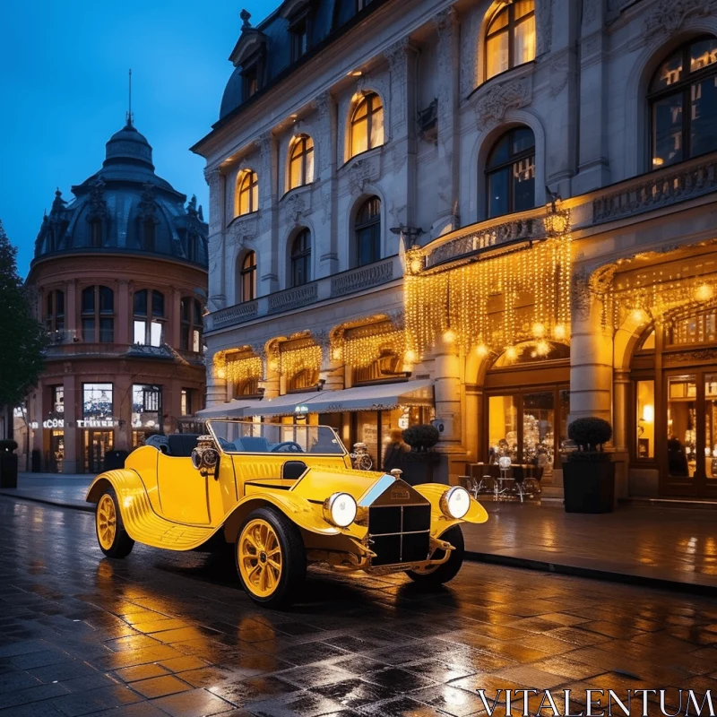 Vintage Yellow Car in Front of Old Building at Night AI Image