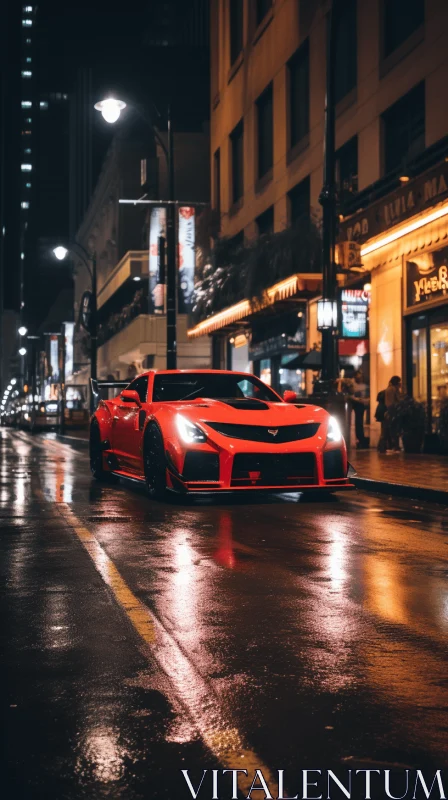 Captivating Red Sports Car on Rainy City Street AI Image