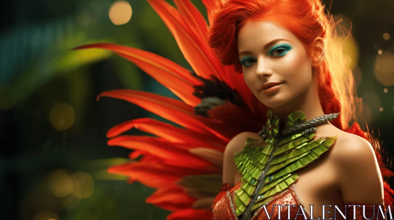Elegant Woman in Tropical Feather Dress: A Detailed Close-up AI Image