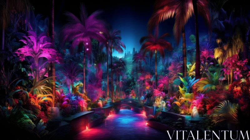 AI ART Enchanting Night View of Tropical Forest and Cityscape
