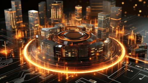 Futuristic Cityscape 3D Rendering with Skyscrapers and Circular Structure