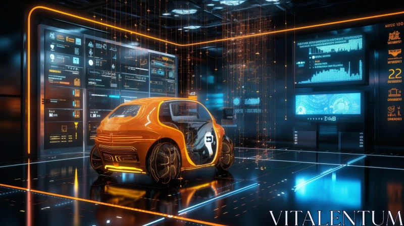 Futuristic Orange Car 3D Rendering in Dark Environment AI Image