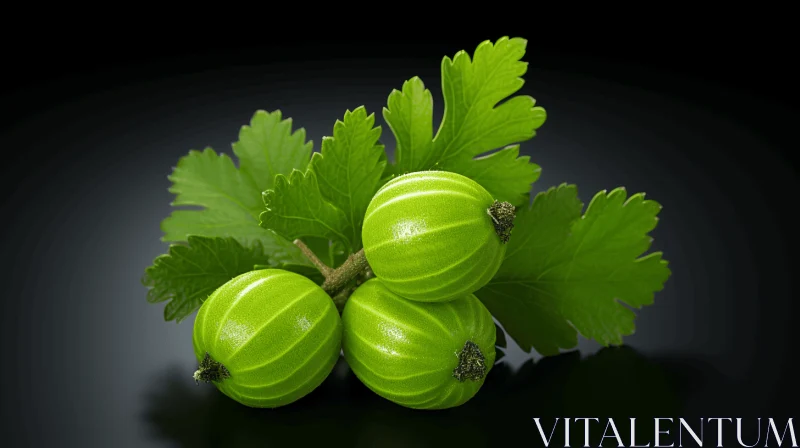 Green Fruits with Leaves on a Black Background - A Striped and Photo-realistic Composition AI Image