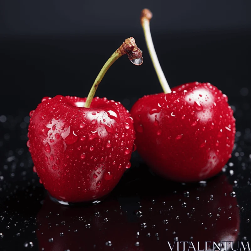 Captivating Closeup of Cherries on a Black Surface with Water Droplets AI Image