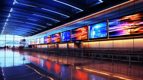 Empty Airport Terminal with Glowing Lights and Digital Billboards